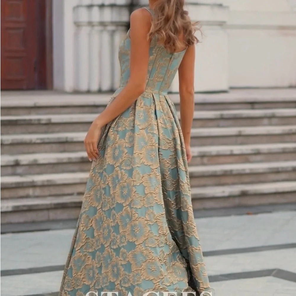 Elegant Blue and Gold Floral Brocade Evening Dress - Picture 4 of 5